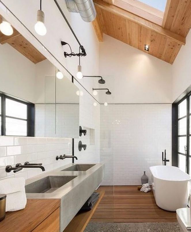 High-end bathroom with timber beams and concrete trough sink